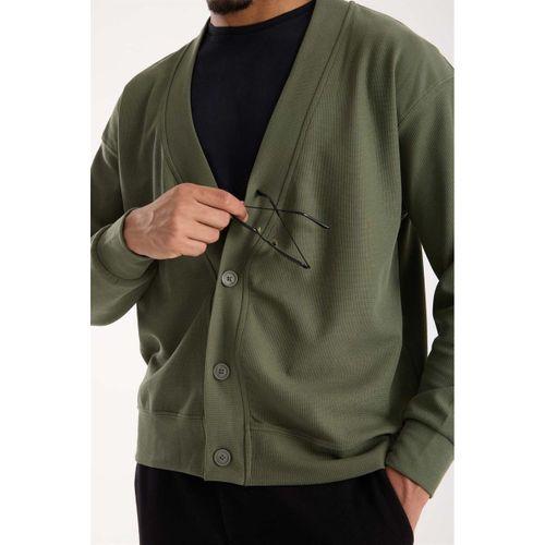 Potter Dokulu Selanik Kumaş Oversize Basic 3 Düğmeli Erkek Hırka - Avcı Yeşili