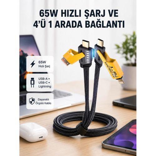 Usb-c Usb-a 4’ü 1 Arada Örgülü Kablo 65w Hızlı Şarj Metal Uç Dayanıklı