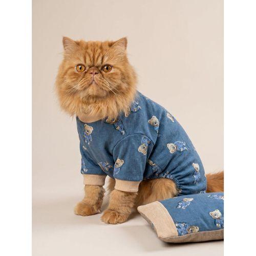 Teddy Blues Uyku Takımı | Ayıcık Desenli Pamuklu Penye Kedi Tulumu ve Mini Yastık