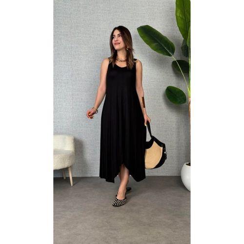 Kadın Askılı V Yakalı Halka Detaylı Asimetrik Kesim Detaylı Viskon Maxi Elbise