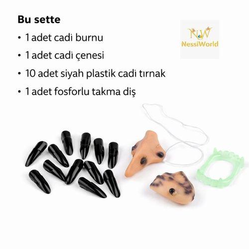 Cadı Aksesuar Seti – Burun, Çene, Fosforlu Diş ve 10 Adet Siyah Tırnak