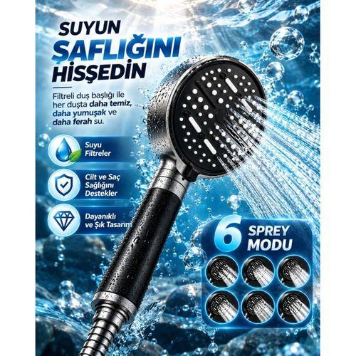 6 Sprey Modlu Filtreli Duş Başlığı Büyük Su Paneli Silikon Nozullu Modern Tasarım