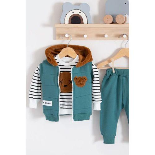 Peluş Ayıcık Desenli Kapişonlu 3'lü Erkek Bebek Takımı