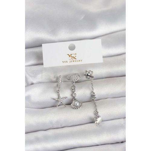 Pirinç Gümüş Renk Zirkon Taşlı Deniz Temalı 3'lü Kadın Küpe