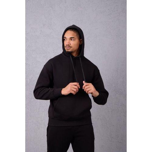 Şardonlu Kanguru Cepli Sweatshirt - 3 İplik Şardonlu Lastik Paça Erkek Eşofman Altı- Eşofman Takımı - Siyah