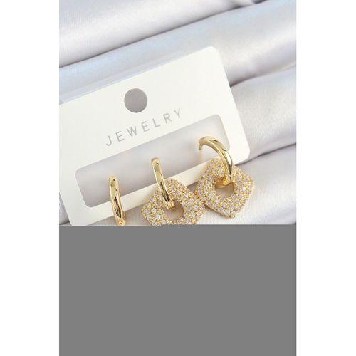 Pirinç Zirkon Taşlı Kare Model Gold Renk 3'lü Çift Kadın Küpe Set
