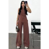 Keten Asimetrik Tek Omuzlu Bluz Pantalon Takım- Bordo
