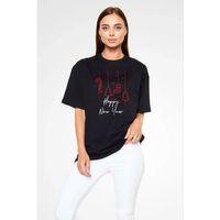 Unisex Bisiklet Yaka Baskılı Oversize T-Shirt - Siyah