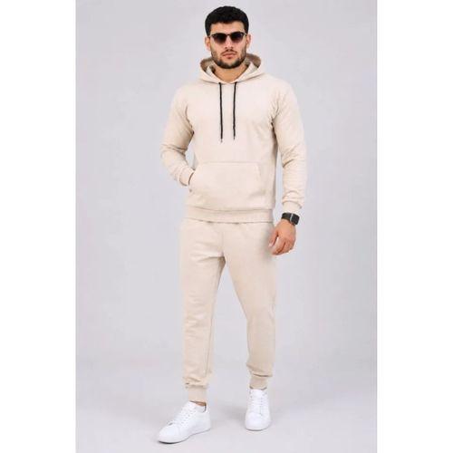 Erkek İki İplik Kapüşonlu Kanguru Cepli Sweatshirt Jogger Pantolon Alt Üst Eşofman Takımı -Bej