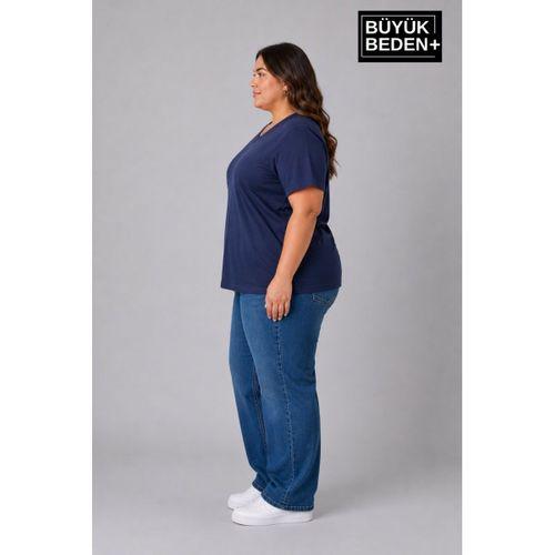 Süperlife Büyük Beden Kadın V Yaka Pamuklu Basic Tişört Lacivert 3XL-6XL SPR26BTSK509