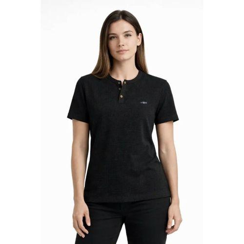 Waffle Dokulu Likralı Henley Yaka Düğmeli Regular Kısa Kollu T-Shirt - Siyah