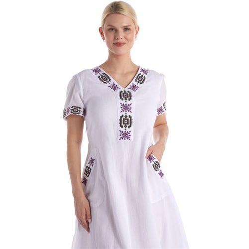 Kısa Kol Beyaz V Yaka Çift Cepli Bağlamalı Yazlık Kısa Vual Elbise