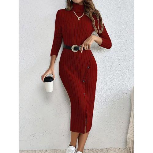 Kadın Uzun Kollu Balıkçı Yaka Yırtmaçlı Düğmeli şardonlu Kaşkorse Elbise