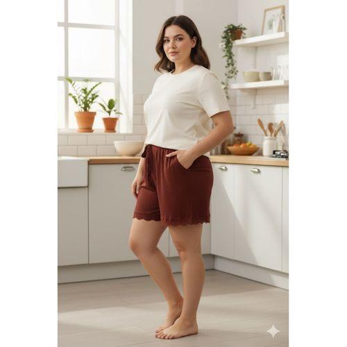 Bambu Fitilli Kadın Ev Şortu Bacak Dantel Detaylı Ev Giyim Koyu Taba