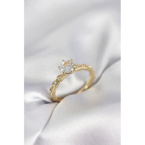 Gold Renk Zirkon Taşlı Tek Taş Model Kadın Yüzük