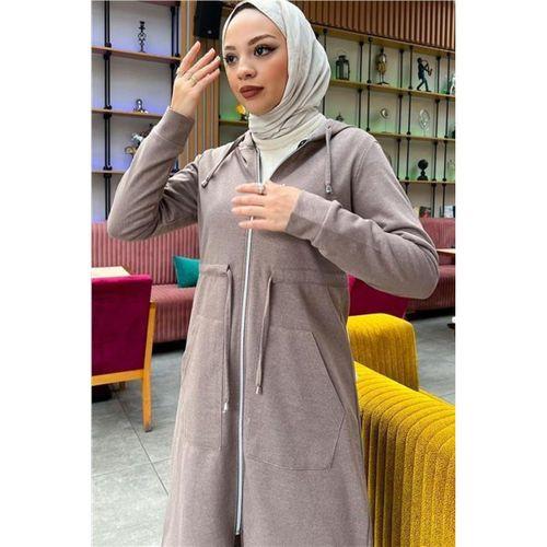 Kapşonlu Belden Bağlamalı Fermuarlı Sade Basic Uzun Tunik ve Pantolon İkili Spor Takım - 03065.016 - Vizon