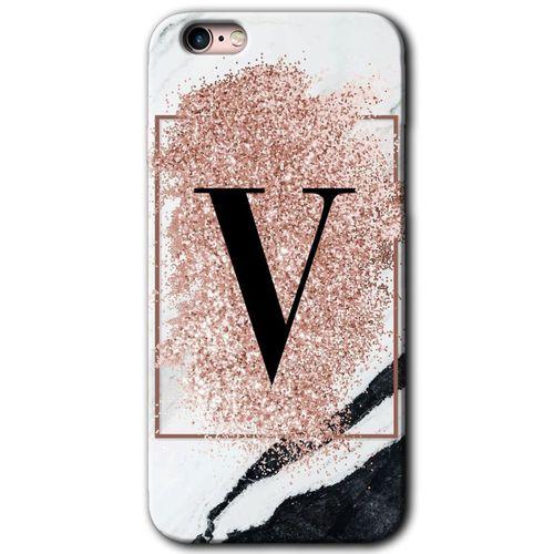 iPhone 6 Kılıf Baskılı Kapak - Pembe Mermer Desenli V Harfi +Tam Ekran Koruyucu