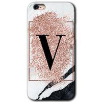 iPhone 6 Kılıf Baskılı Kapak - Pembe Mermer Desenli V Harfi +Tam Ekran Koruyucu