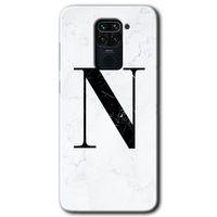 MRCİLETİSİM Xiaomi Redmi Note 9 Kılıf Baskılı Kapak - Beyaz Mermer Desenli N Harfi + 5D Tam Kaplayan Cam