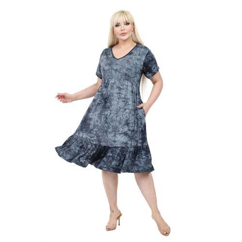 Melsay Butik Göğüsten Robalı V Yaka Kısa Kollu Antrasit Batik Yıkama Cepli Elbise