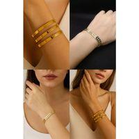 2'Lİ Set - 3 Adet Kalın Ajda Bilezik, Balık Kılçığı Yassı Gold Kaplama Bileklik SNJ-SET1006