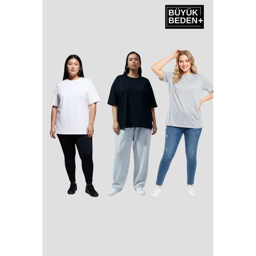 Büyük Beden Kadın Basic 3XL-6XL Bisiklet Yaka 3 lü Tişört Seti SPR26BTSK510+3