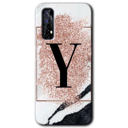 MRCİLETİSİM Realme 7 Kılıf Baskılı Kapak - Pembe Mermer Desenli Y Harfi + 5D Tam Kaplayan Cam