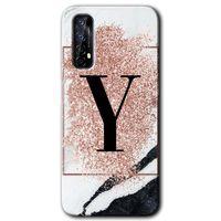 MRCİLETİSİM Realme 7 Kılıf Baskılı Kapak - Pembe Mermer Desenli Y Harfi + 5D Tam Kaplayan Cam