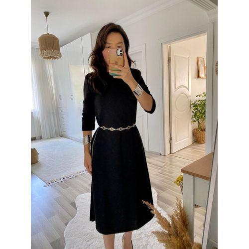 Kadın Uzun Truvakar Kol Bisiklet Yaka Midi Modal Elbise