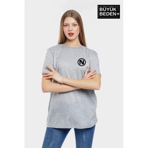 Kadın Büyük Beden N Baskılı Bisiklet Yaka Tshırt SPR25BTSK902