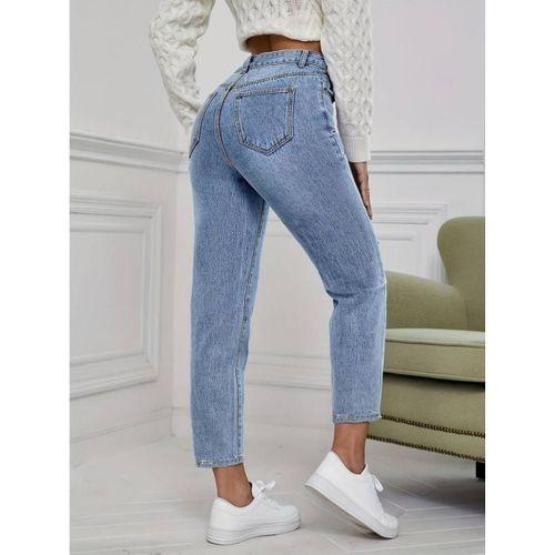 Kadın Açık Mavi Yırtık Mom Fit Kot Pantolon