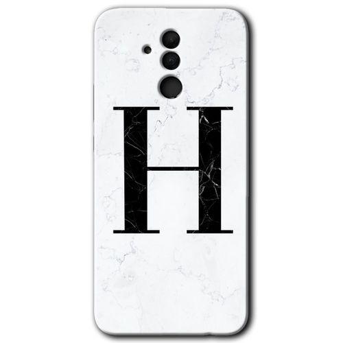 MRCİLETİSİM Huawei Mate 20 Lite Kılıf HD Desen Baskılı Arka Kapak + Temperli Cam - Beyaz Mermer Desenli H Harfi