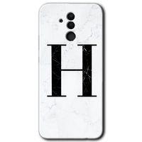 MRCİLETİSİM Huawei Mate 20 Lite Kılıf HD Desen Baskılı Arka Kapak + Temperli Cam - Beyaz Mermer Desenli H Harfi