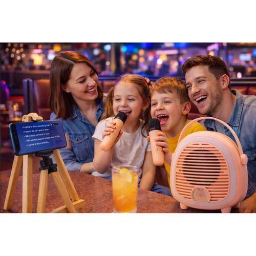 Çocuklara Özel Retro Tasarımlı Bluetooth Karaoke Mikrofon Ve Ahşap Tripodlu – Pembe