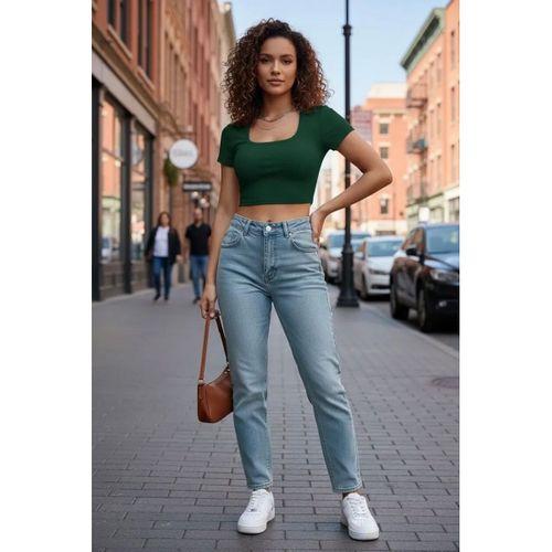 Kadın Yeşil Şık Kesim Yarım Kol Crop Bluz