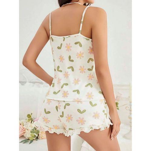 Kadın Ekru Çiçek Baskılı Şortlu Gecelik Pijama Takımı Rahat Şık 2’li Set
