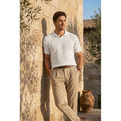 Nestor Saç Örgü Desenli Polo Yaka Regular Fit Örme İnce Triko Erkek T-Shirt - Ekru