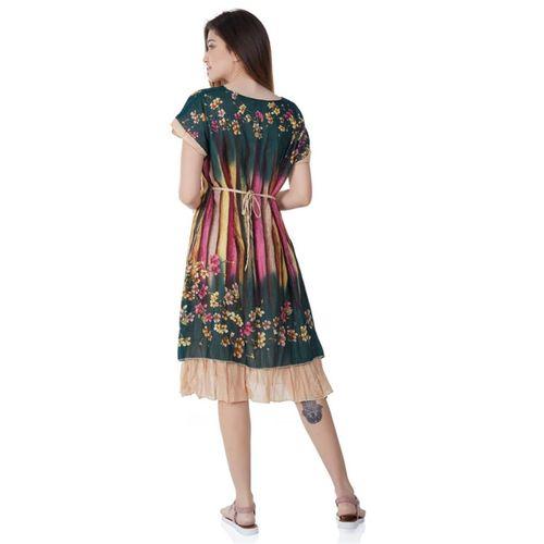 Kısa Kol Vual Defne Midi Boy Yazlık Otantik Elbise Yesil 6094