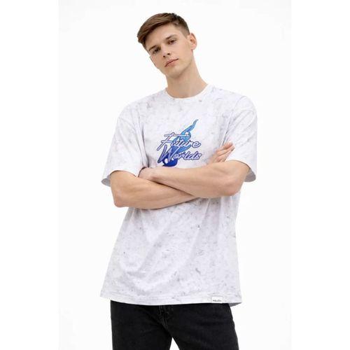 Erkek Asit Yıkamalı Oversize Tişört Future Worlds Baskılı Bisiklet Yaka Kısa Kollu Streetwear %100 Pamuk Street Style T-Shirt - Beyaz