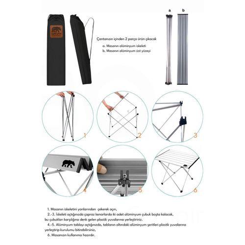 Kamp Ayısı® Küçük Alüminyum Katlanabilir Kamp ve Piknik Masası, Çantalı, Gri