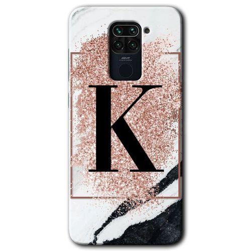 MRCİLETİSİM Xiaomi Redmi Note 9 Kılıf Baskılı Kapak - Pembe Mermer Desenli K Harfi + 5D Tam Kaplayan Cam