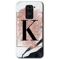 MRCİLETİSİM Xiaomi Redmi Note 9 Kılıf Baskılı Kapak - Pembe Mermer Desenli K Harfi + 5D Tam Kaplayan Cam