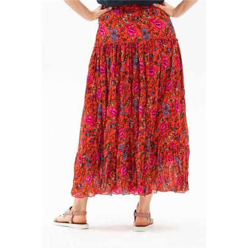 Buse Vual Uzun Yazlık Etek Gelincik Desen Kırmızı Kırçıllı 6160