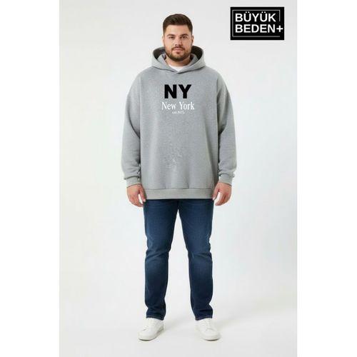 Erkek Büyük Beden İnce Kapşonlu NY Newyork Baskılı ince Swatshırt SPR26BSW957-15