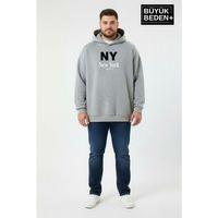 Erkek Büyük Beden İnce Kapşonlu NY Newyork Baskılı ince Swatshırt SPR26BSW957-15