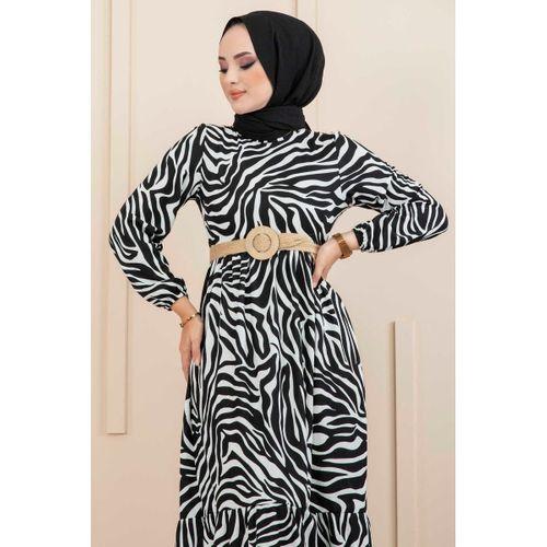 Zebra Desen Hasır Kemerli Tesettür Elbise