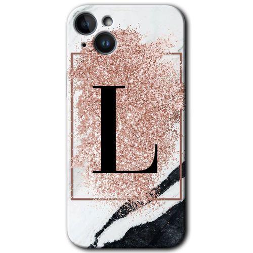 iPhone 14 HD Baskılı Kılıf + 9D Tam Ekran Koruyucu - Pembe Mermer Desenli L Harfi