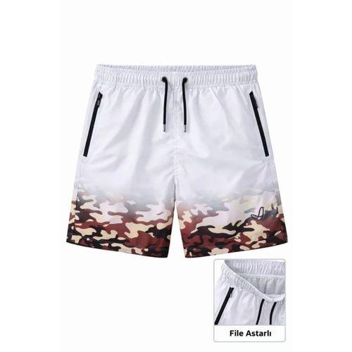 Erkek Deniz Şortu Fermuarlı Cepli File Astarlı Hızlı Kuruyan Premium - Beyaz