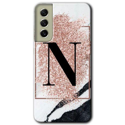 MRCİLETİSİM Samsung Galaxy S21 FE Kılıf HD Desen Baskılı Arka Kapak + Temperli Cam - Pembe Mermer Desenli N Harfi