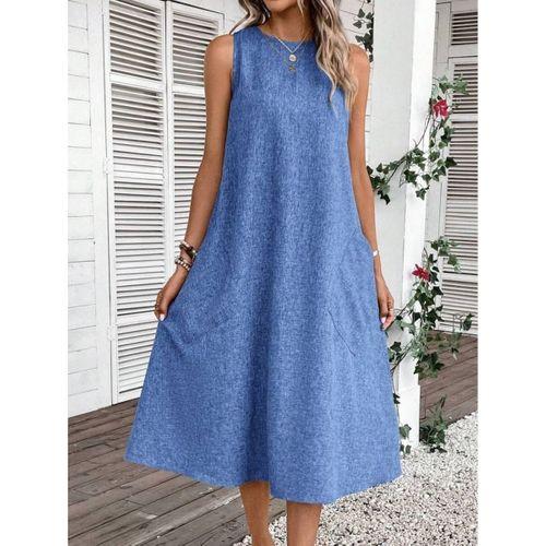 Kadın Kolsuz Bisiklet Yaka Cepli Midi Keten Elbise